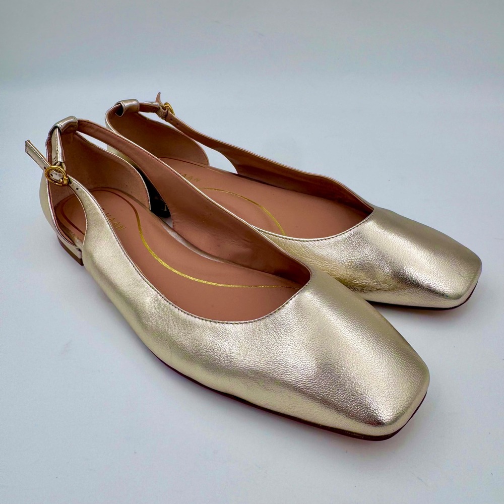 NWOB Cole Haan Grand 360 Gold Metallic Leather Square Slingback Flats 9B‎
